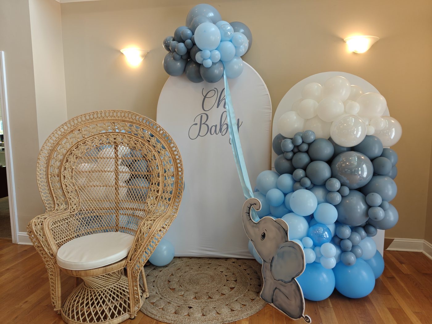 Powder blue baby shower balloon installation