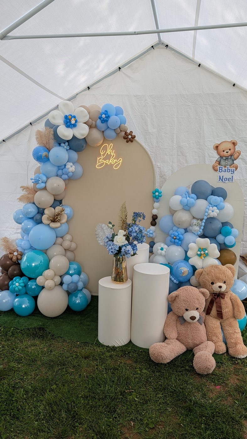 Powder blue baby shower balloon installation by Hope's Decoration Services